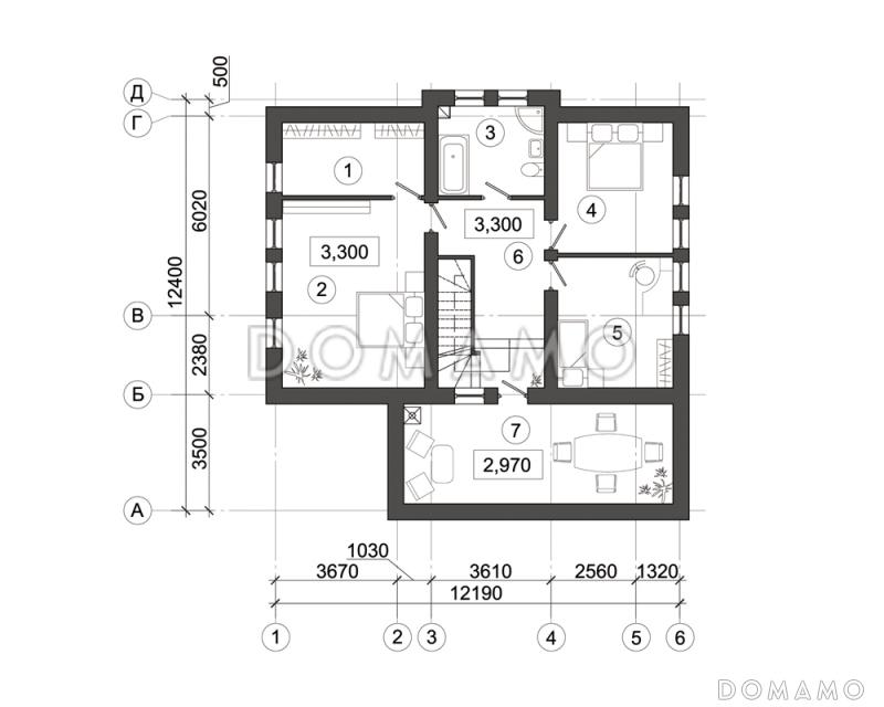 Проект загородного дома с удобным расположением внутренней лестницы / План мансардного этажа