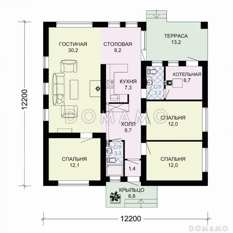 Проект одноэтажного дома из СИП панелей с тремя спальнями и крытой террасой / План 1 этажа