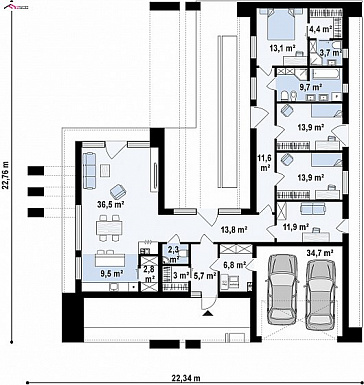 Проект современного одноэтажного дома из кирпича с плоской крышей, с четырьмя комнатами и двухместным гаражом / План 1 этажа Проект современного одноэтажного дома из кирпича с плоской крышей, с четырьмя комнатами и двухместным гаражом / План 1 этажа