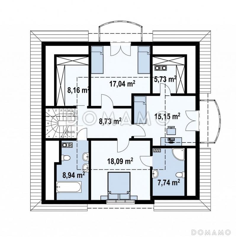 Проект одноэтажного мансардного дома для каркасного строительства с двумя балконами и барбекю на террасой / План мансардного этажа