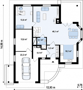 Проект просторного одноэтажного мансардного дома из кирпича с кабинетом, эркером и гаражом / План 1 этажа