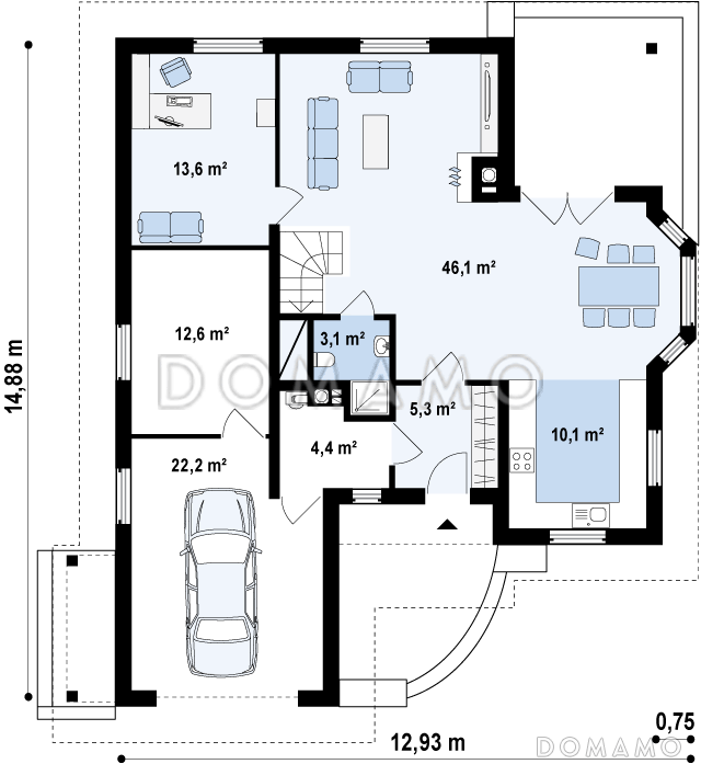 Проект просторного одноэтажного мансардного дома из кирпича с кабинетом, эркером и гаражом / План 1 этажа
