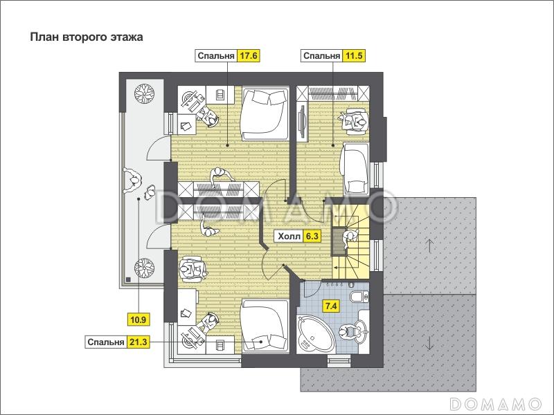 Проект дома с парной, бильярдной, навесом для машины, спальней с панорамным окном, / План мансардного этажа
