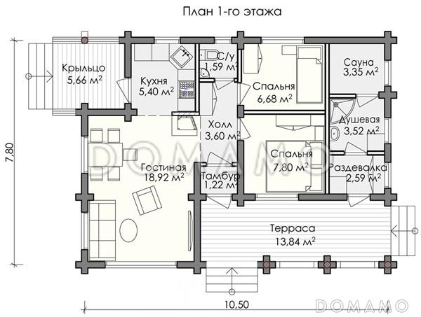 Проект деревянного дома площадью до 100 кв. м из оцилиндрованного бревна / План 1 этажа