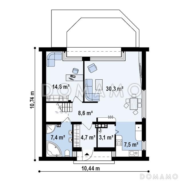 Проект одноэтажного мансардного дома из газобетона с большой гостиной и современными элементами экстерьера / План 1 этажа