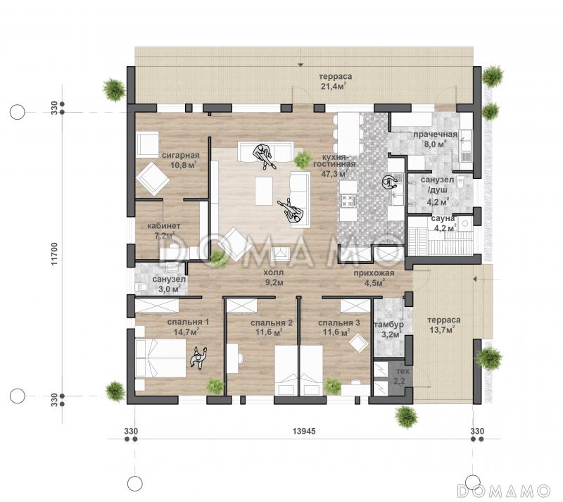 C-185 одноэтажный дом / План 1 этажа