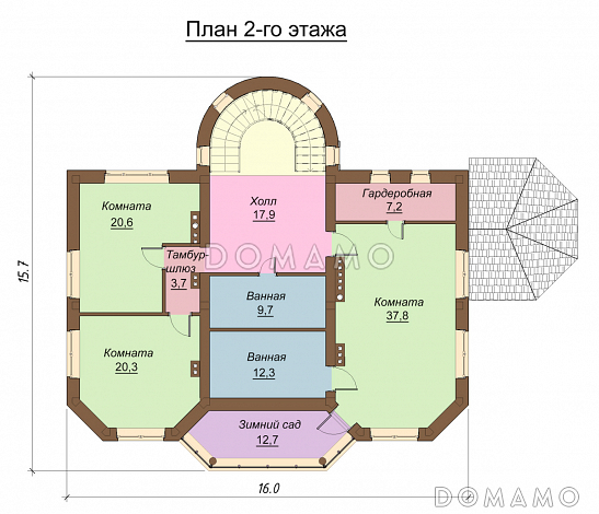 Проект  двухэтажного коттеджа с мансардой, бассейном и кинотеатром / План 2 этажа Проект  двухэтажного коттеджа с мансардой, бассейном и кинотеатром / План 2 этажа