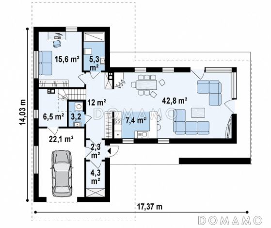 Проект современного двухэтажного дома из кирпича с плоской крышей, четырьмя комнатами и одноместным гаражом / План 1 этажа Проект современного двухэтажного дома из кирпича с плоской крышей, четырьмя комнатами и одноместным гаражом / План 1 этажа
