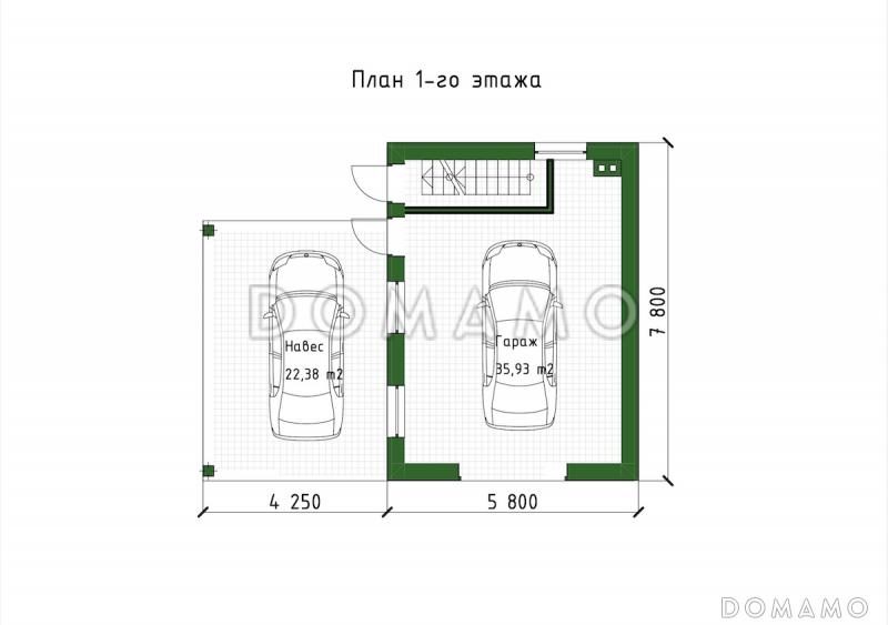 Проект утепленного гаража из газобетона с навесом и погребом / План 1 этажа