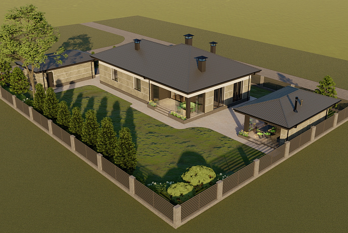 Проект одноэтажного кирпичного дома с двумя спальнями, гардеробными, кладовой на кухне и крытой террасой