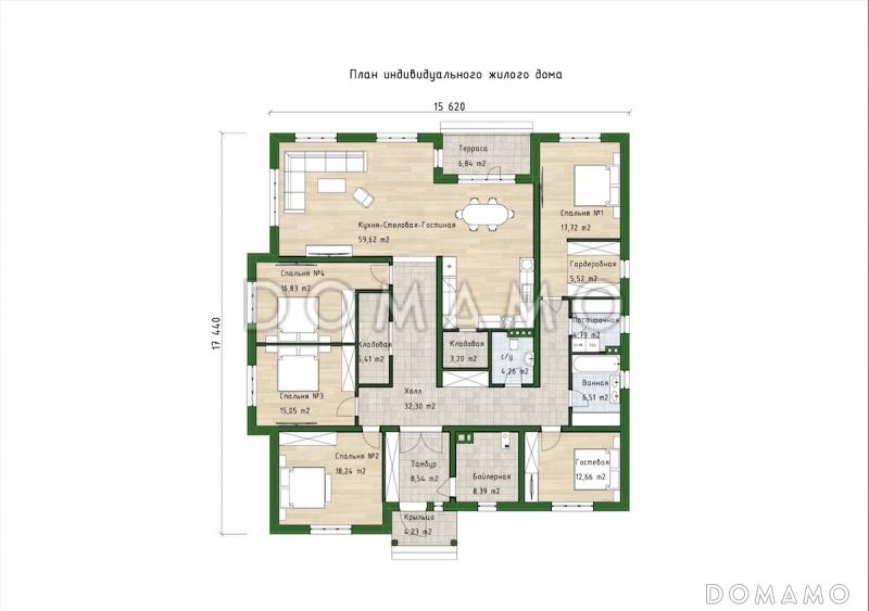 Проект дома с 4 спальнями, комнатой для гостей и просторной гостиной / План 1 этажа