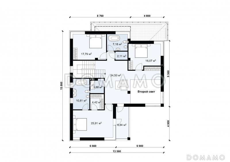 Проект загородного дома с террасой и гаражом на 2 машины S-292 / План 2 этажа