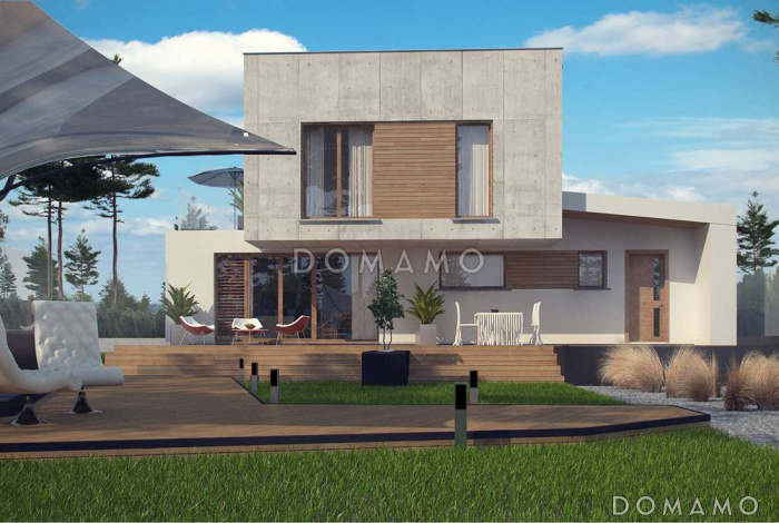 Проект современного двухэтажного дома из кирпича сложной формы с четырьмя спальнями и гаражом