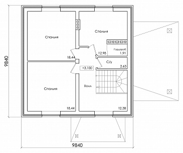 Проект компактного коттеджа с мансардным этажом и навесом под автомобиль, с наличием сауны / План мансардного этажа Проект компактного коттеджа с мансардным этажом и навесом под автомобиль, с наличием сауны / План мансардного этажа