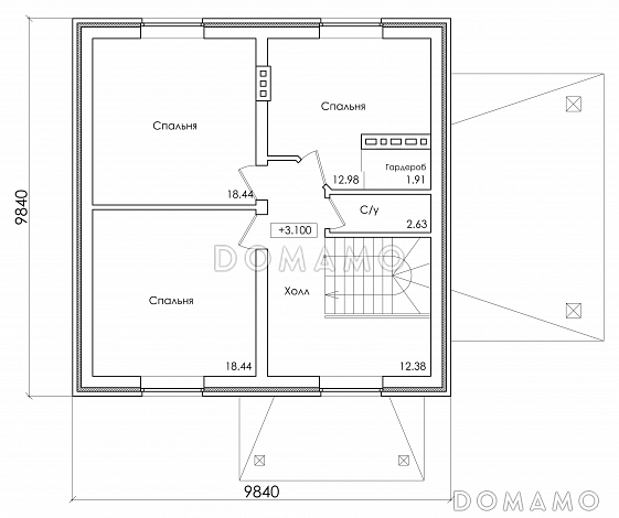 Проект компактного коттеджа с мансардным этажом и навесом под автомобиль, с наличием сауны / План мансардного этажа Проект компактного коттеджа с мансардным этажом и навесом под автомобиль, с наличием сауны / План мансардного этажа