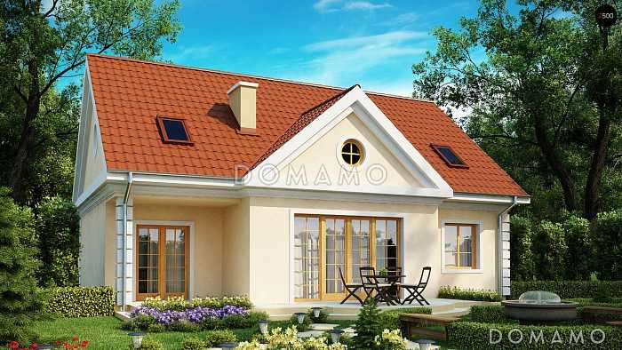 Проект просторного мансардного дома из кирпича с дополнительной спальней на первом этаже, с колоннами и фронтоном