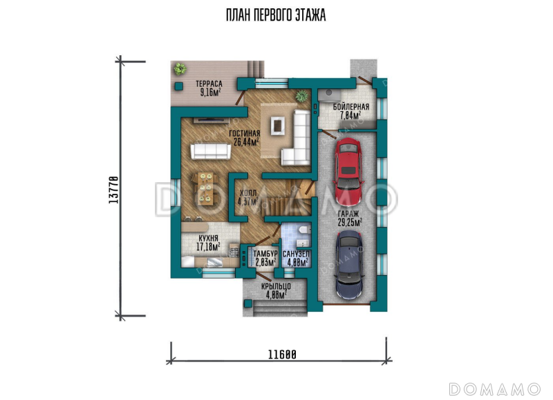 Проект одноэтажного дома с мансардой, гаражом на два автомобиля и террасой / План 1 этажа
