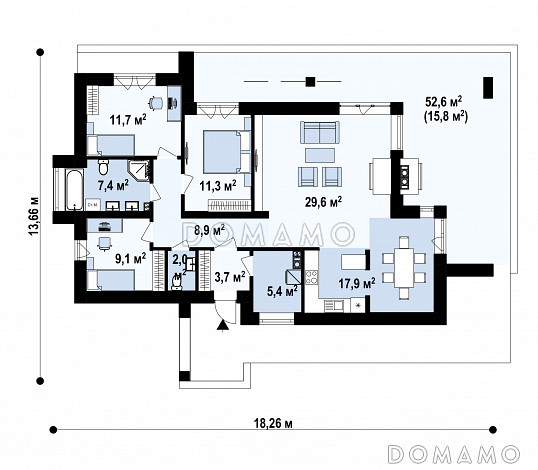 Проект одноэтажного дома с плоской крышей, большой террасой,  тремя спальнями / План 1 этажа Проект одноэтажного дома с плоской крышей, большой террасой,  тремя спальнями / План 1 этажа