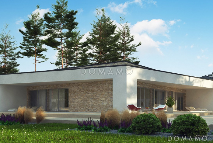 Проект просторного современного одноэтажного дома из кирпича с плоской крышей с тремя спальнями, крытыми террасами и одноместным гаражом Проект просторного современного одноэтажного дома из кирпича с плоской крышей с тремя спальнями, крытыми террасами и одноместным гаражом