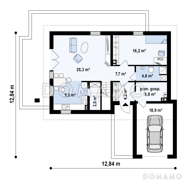 Проект одноэтажного мансардного дома из газобетона с балконом и с фронтальным пристроенным гаражом / План 1 этажа