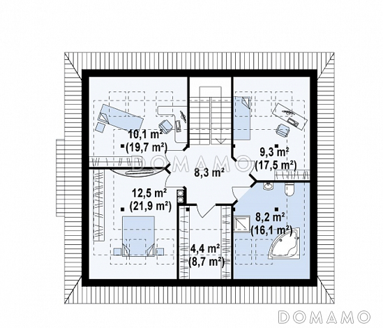 Проект одноэтажного мансардного дома из кирпича с дополнительной ночной зоной на первом этаже / План мансардного этажа