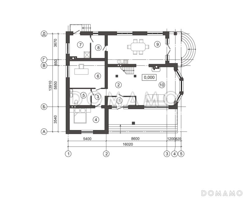 Проект дома с просторной двусветной гостиной с камином  / План 1 этажа