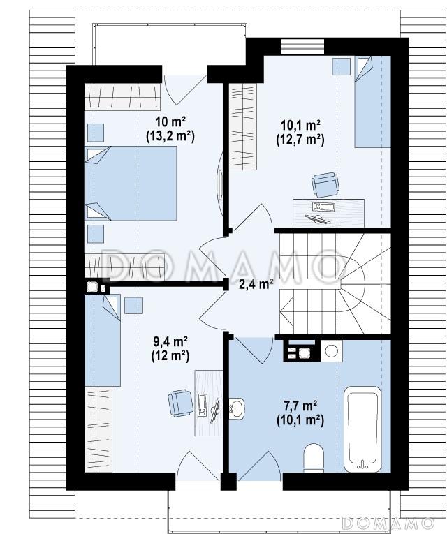 Проект компактного одноэтажного мансардного дома из кирпича с двумя балконами и тремя спальнями / План мансардного этажа