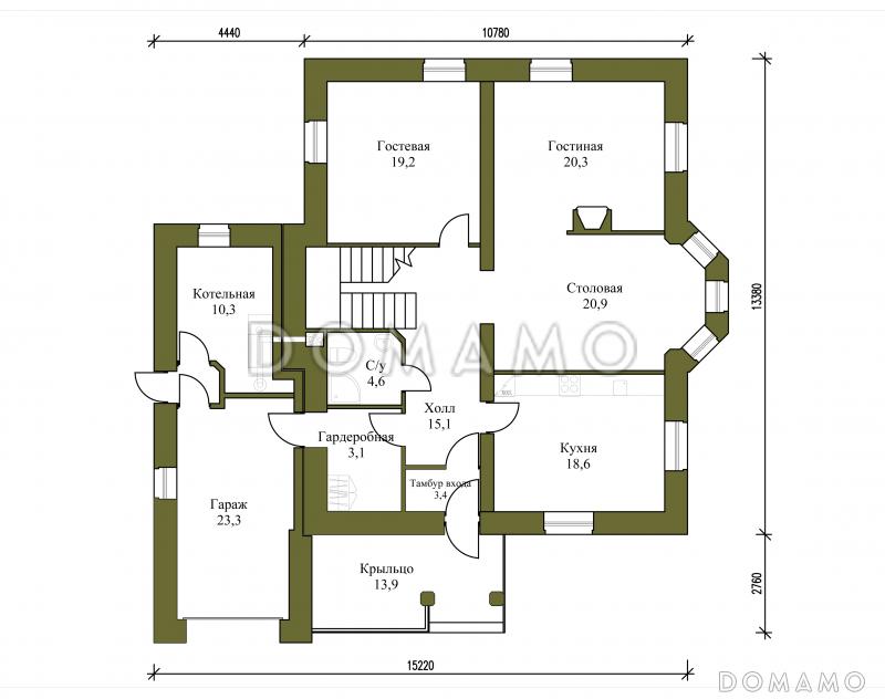 Проект дома с гаражом на одну машину и бильярдной / План 1 этажа