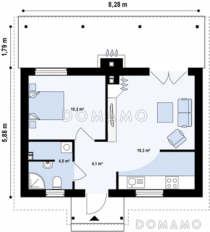 Проект маленького уютного одноэтажного дома из кирпича для круглогодичного проживания / План 1 этажа Проект маленького уютного одноэтажного дома из кирпича для круглогодичного проживания / План 1 этажа