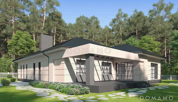 Проект одноэтажного дома с широкой террасой, кухней-столовой, гаражом Проект одноэтажного дома с широкой террасой, кухней-столовой, гаражом