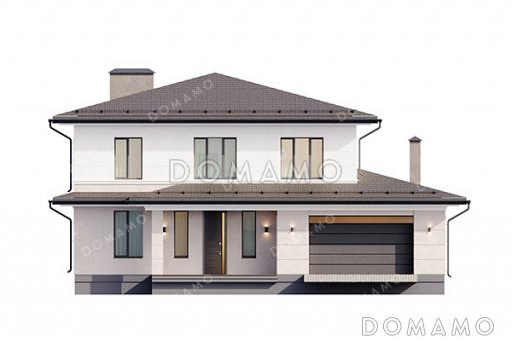 Проект двухэтажного дома с гаражом, 5 спальнями и угловой крытой террасой  / Фасад 3