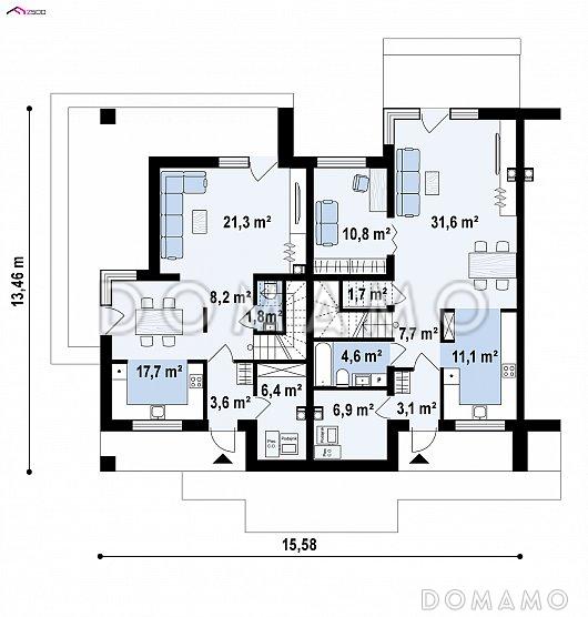 Проект современного комфортного двухэтажного дома из кирпича для двух семей / План 1 этажа