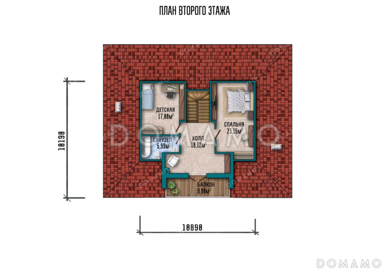 Проект одноэтажного дома с мансардой, большой гостиной и террасой / План 2 этажа