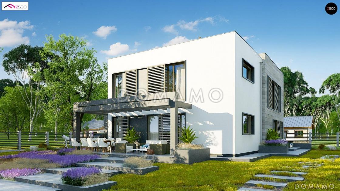 Проект современного двухэтажного дома из газобетона с плоской крышей с четырьмя спальнями, кабинетом и двухместным гаражом / 3