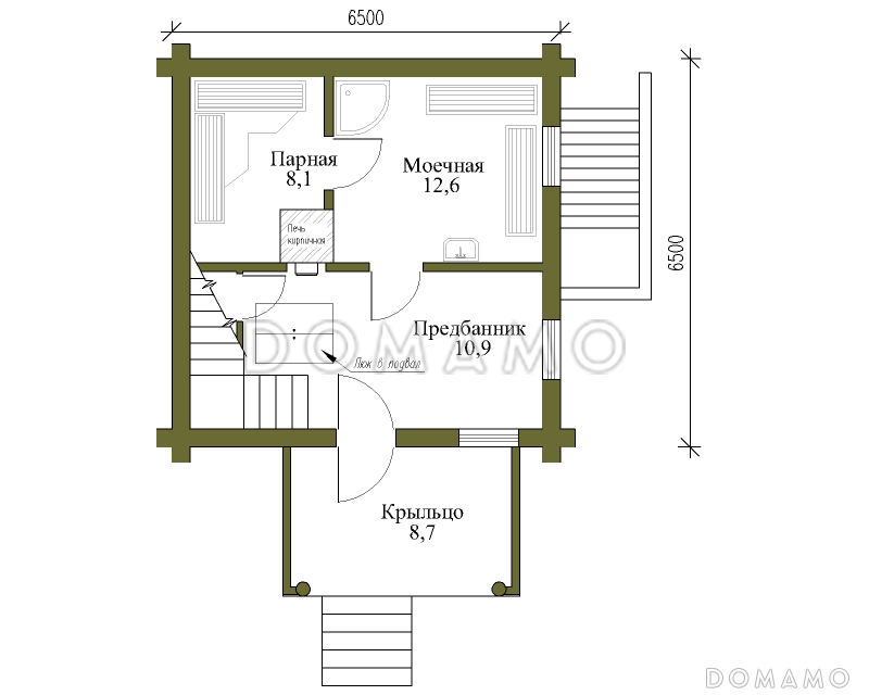 Проект бани с мансардой и подвалом / План 1 этажа