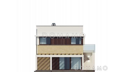 Проект современного двухэтажного дома из газобетона с плоской крышей с кабинетом, гаражом и крытыми террасами на обоих уровнях, адаптированный для сейсмозоны  / Фасад 1