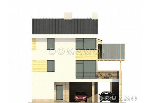 Проект загородного дома с навесом на две машины, крытой террасой, техническими помещениями на первом этаже / Фасад 1