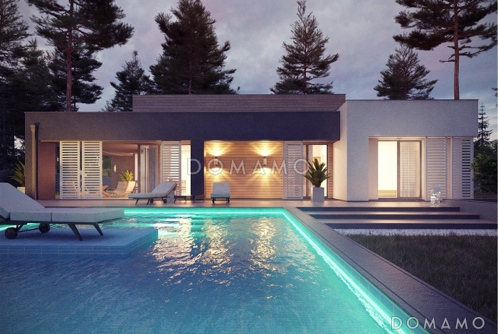 Проект одноэтажного дома с плоской крышей, большой террасой,  тремя спальнями Проект одноэтажного дома с плоской крышей, большой террасой,  тремя спальнями