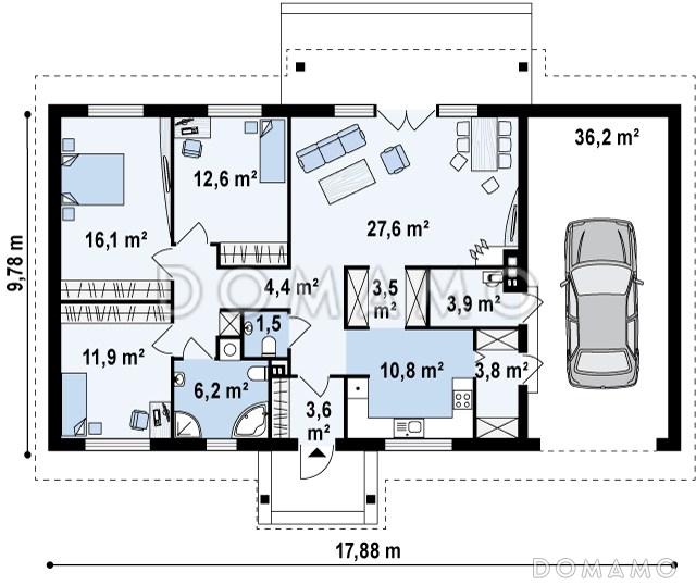 Проект классического одноэтажного дома из кирпича с отделённой спальной зоной и гаражом / План 1 этажа