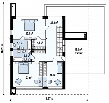 Проект современного двухэтажного дома из кирпича с тремя спальнями, спортзалом, сауной и гаражом для двух автомобилей / План 2 этажа Проект современного двухэтажного дома из кирпича с тремя спальнями, спортзалом, сауной и гаражом для двух автомобилей / План 2 этажа