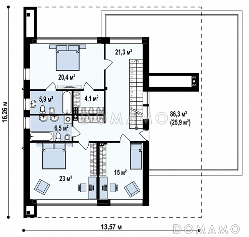 Проект современного двухэтажного дома из кирпича с тремя спальнями, спортзалом, сауной и гаражом для двух автомобилей / План 2 этажа Проект современного двухэтажного дома из кирпича с тремя спальнями, спортзалом, сауной и гаражом для двух автомобилей / План 2 этажа