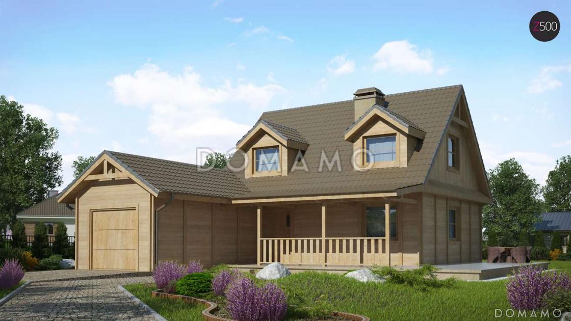 Проект компактного одноэтажного мансардного дома из газобетона с тремя спальнями, фронтальной террасой и гаражом / 1