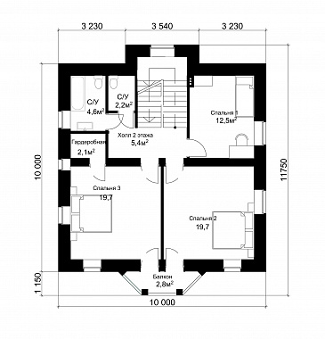 Проект классического коттеджа 10х10 с подвалом / План 2 этажа Проект классического коттеджа 10х10 с подвалом / План 2 этажа