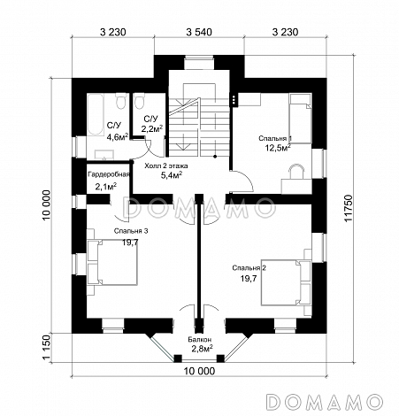 Проект классического коттеджа 10х10 с подвалом / План 2 этажа Проект классического коттеджа 10х10 с подвалом / План 2 этажа
