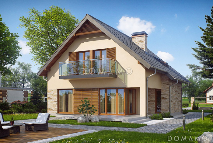 Проект небольшого одноэтажного мансардного дома из газобетона с тремя спальнями и просторной гостиной Проект небольшого одноэтажного мансардного дома из газобетона с тремя спальнями и просторной гостиной