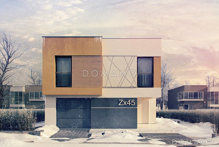 Проект современного двухэтажного дома из газобетона в стиле модерн, с террасой на втором уровне и встроенным гаражом  Проект современного двухэтажного дома из газобетона в стиле модерн, с террасой на втором уровне и встроенным гаражом