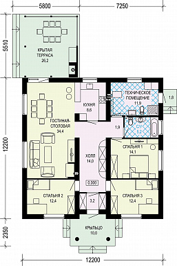Проект одноэтажного газобетонного дома с террасой-барбекю / План 1 этажа Проект одноэтажного газобетонного дома с террасой-барбекю / План 1 этажа