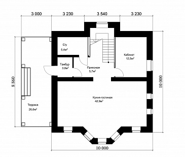 Проект классического коттеджа 10х10 с подвалом / План 1 этажа Проект классического коттеджа 10х10 с подвалом / План 1 этажа