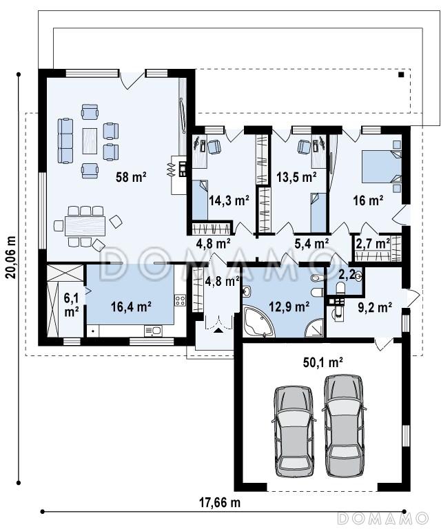 Проект просторного одноэтажного дома из кирпича с тремя спальнями и пристроенным гаражом на два автомобиля / План 1 этажа