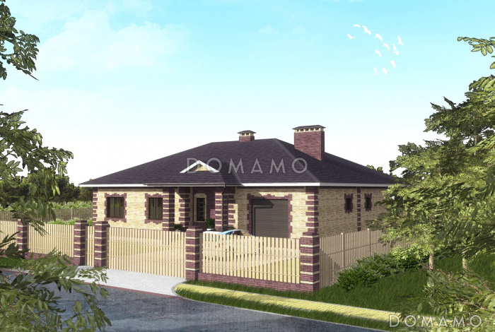 Проект одноэтажного дома из SIP панелей с гаражом и открытой террасой Проект одноэтажного дома из SIP панелей с гаражом и открытой террасой